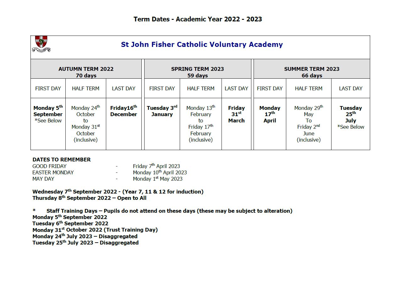 St John Fisher Catholic Voluntary Academy Term Dates